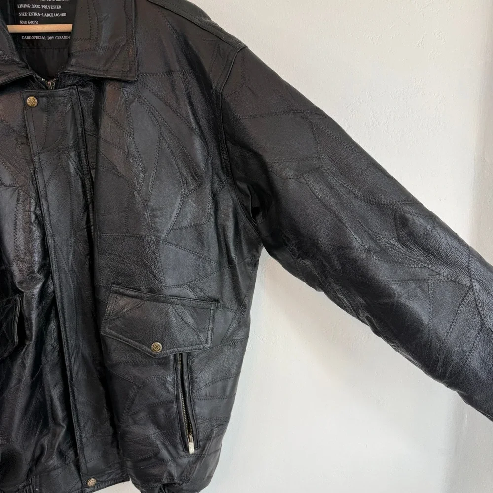 Vintage Genuine Leather Patchwork Bomber Jacket Black Oversized XL 90s Grunge